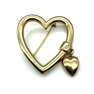 Vintage Heart Outline Brooch with Small Heart Charm Dangle, Gold Tone